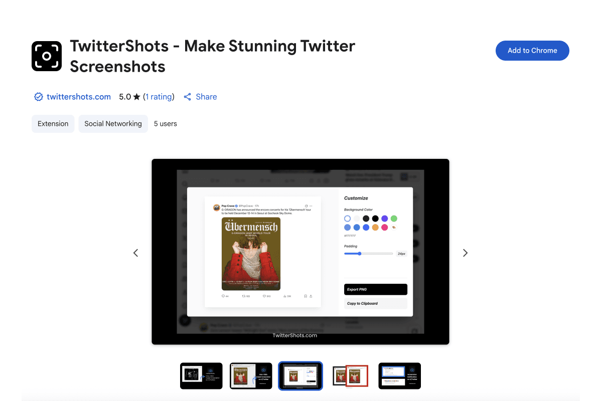 TwitterShots Chrome Extension on Chrome Web Store