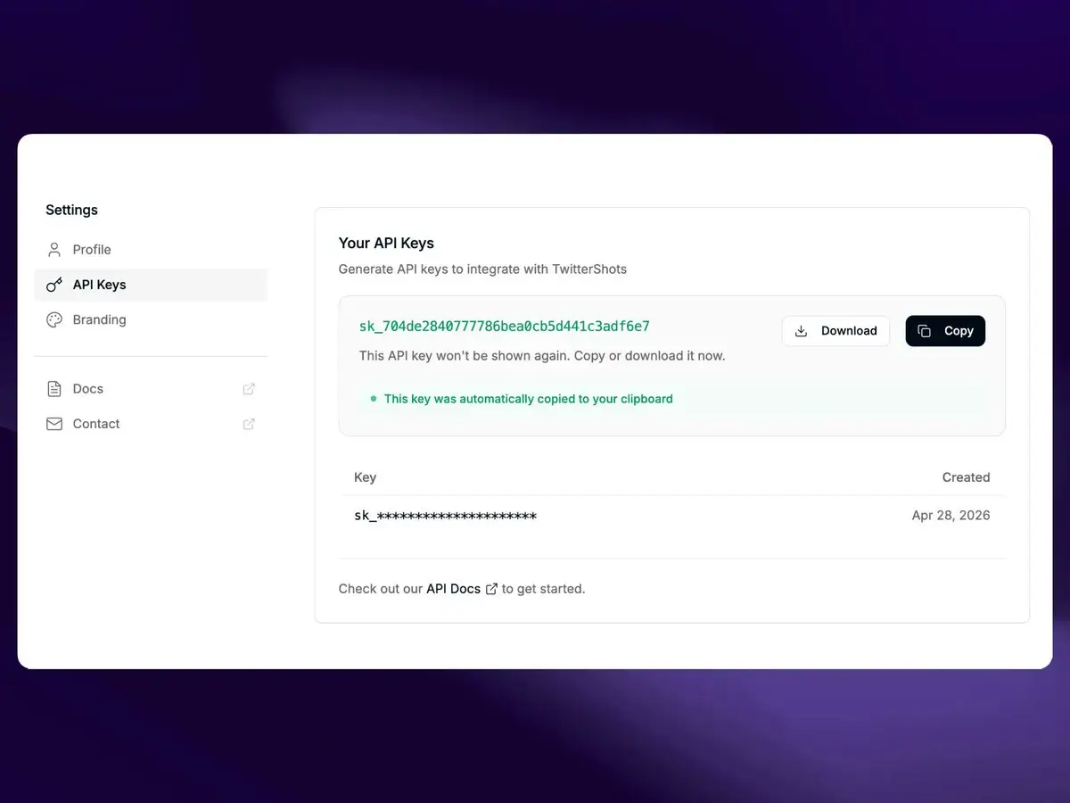 Improved API key creation on TwitterShots