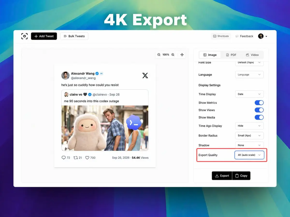 Screenshot editor showing the 4K Export Quality setting and Export button