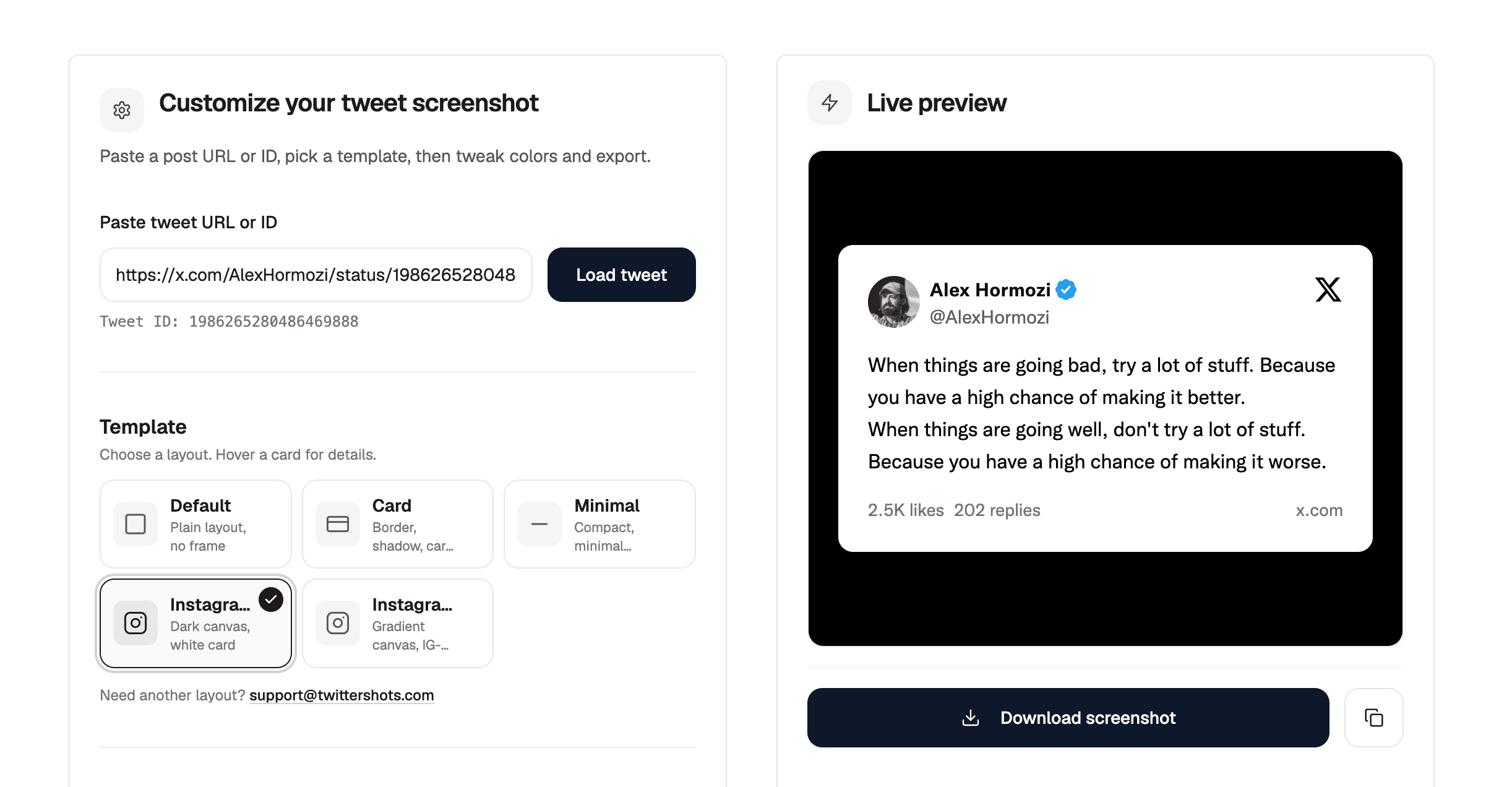 Redesigned Tweet to Instagram on TwitterShots