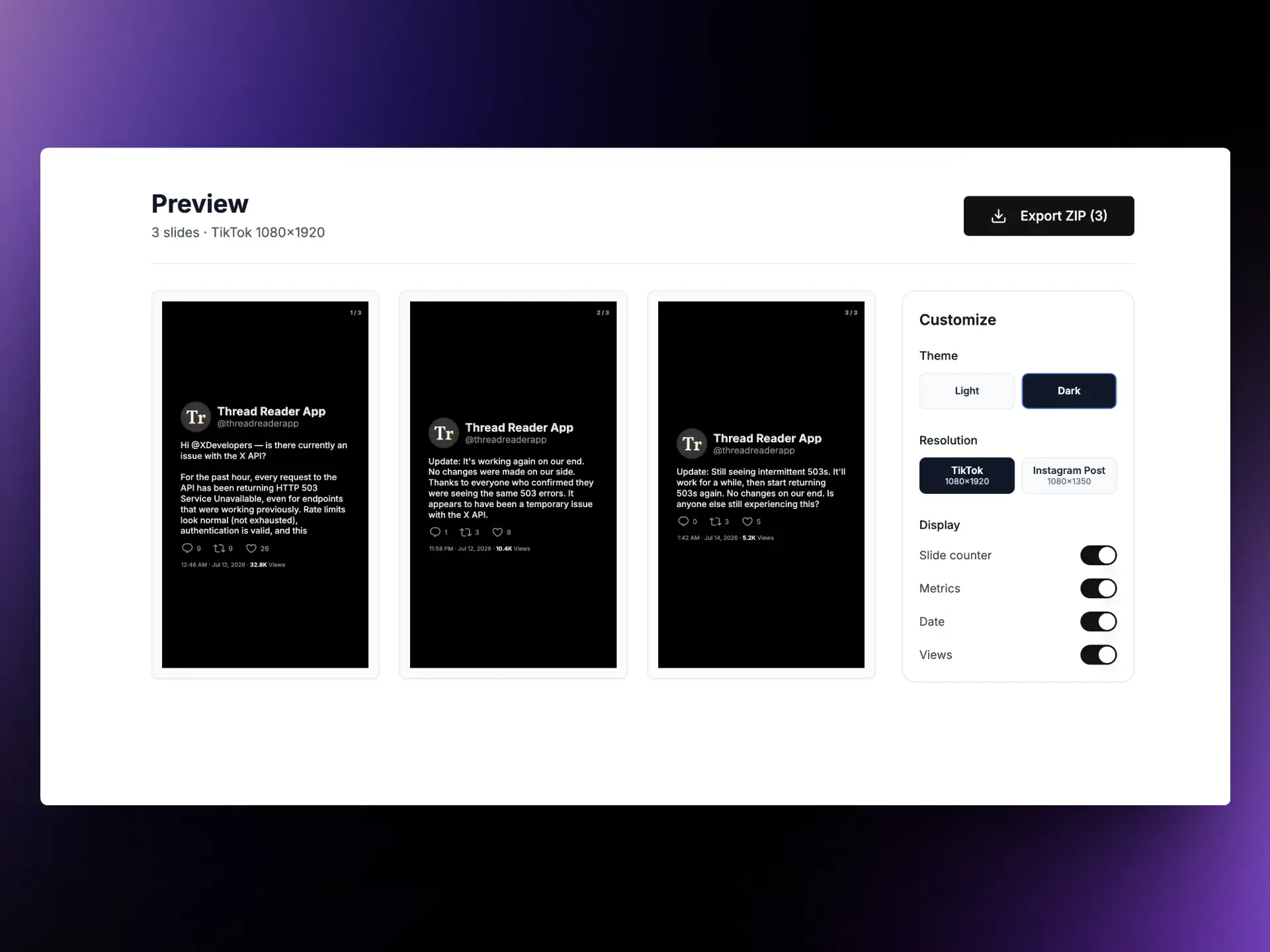 Twitter Thread Screenshot to TikTok Slideshow