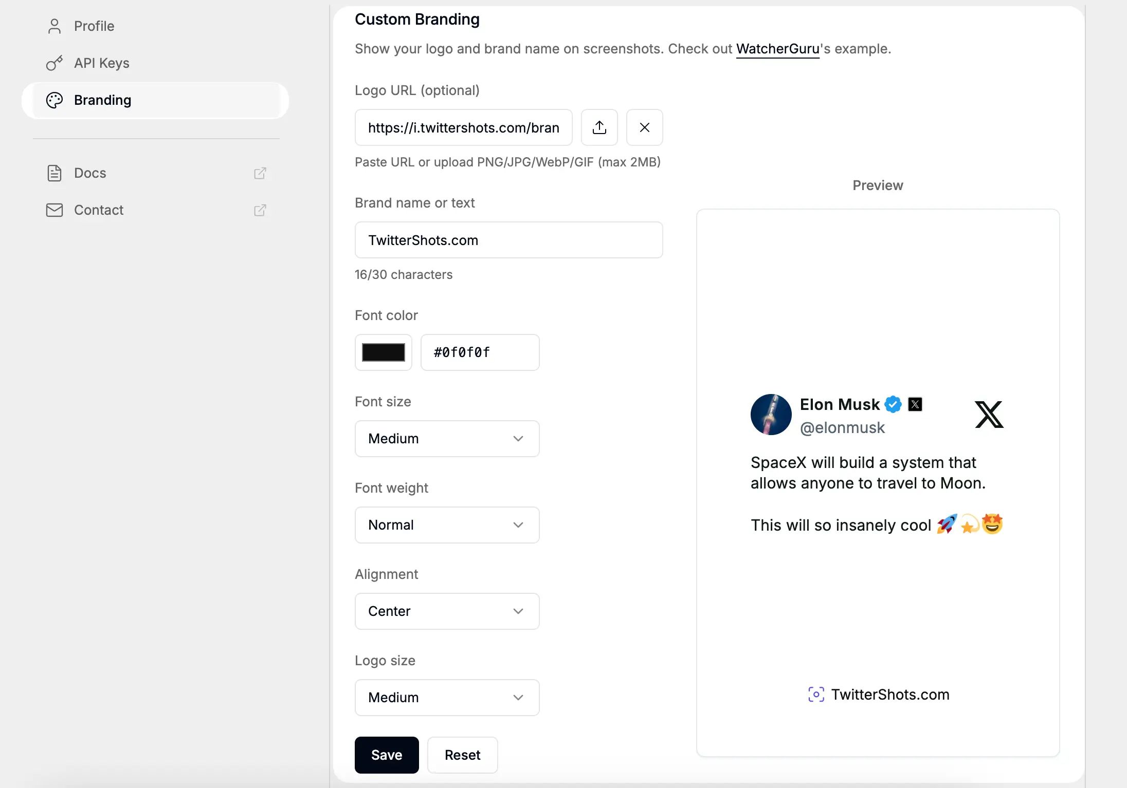 Custom Twitter screenshot branding panel with logo, brand text, font controls, alignment, and preview
