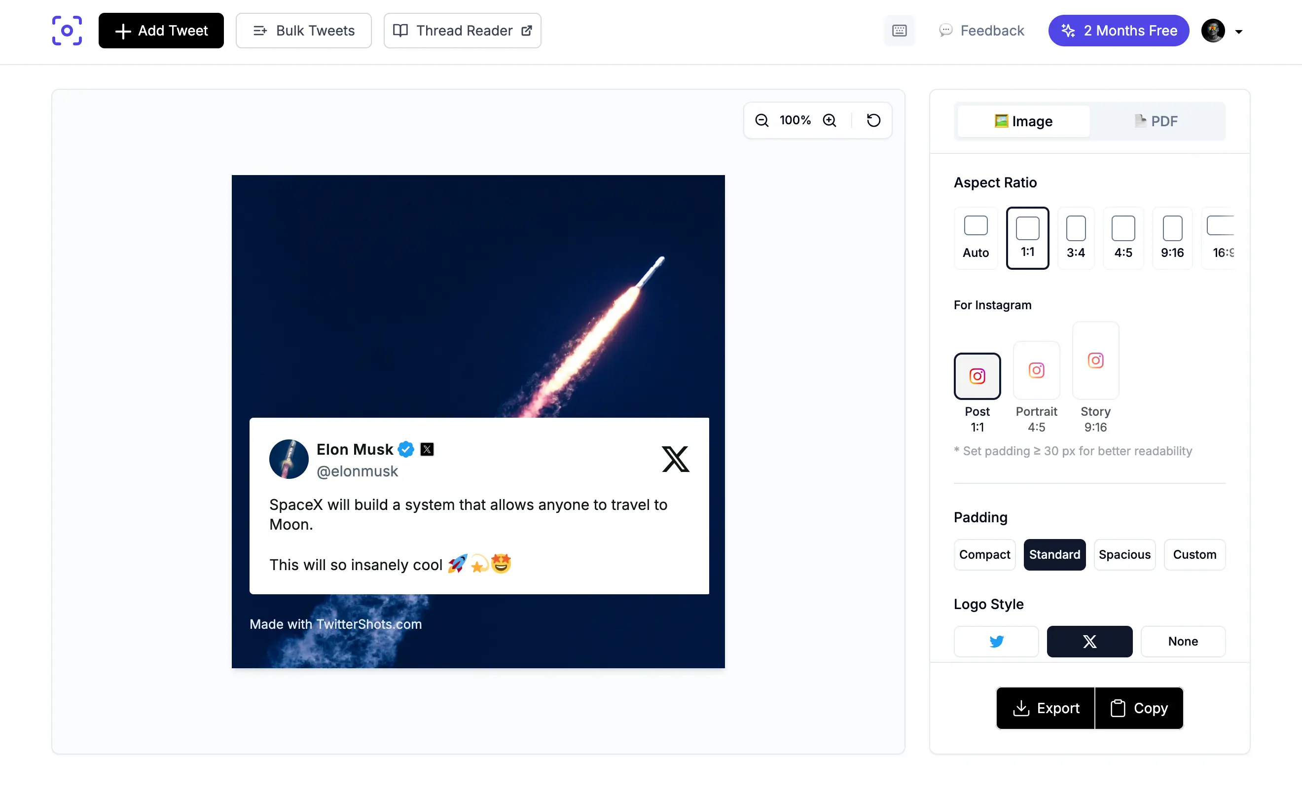 TwitterShots editor showing a tweet preview, aspect ratio options, and the Export control