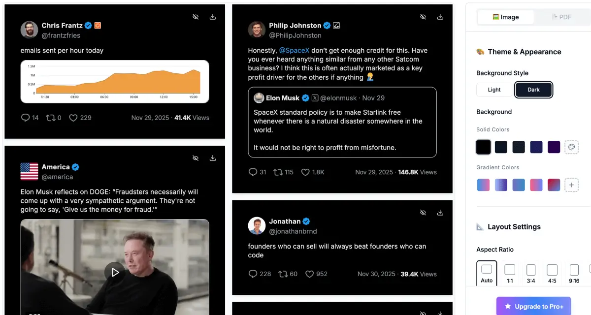 TwitterShots bulk screenshot editor showing multiple X posts with a shared dark theme and layout controls
