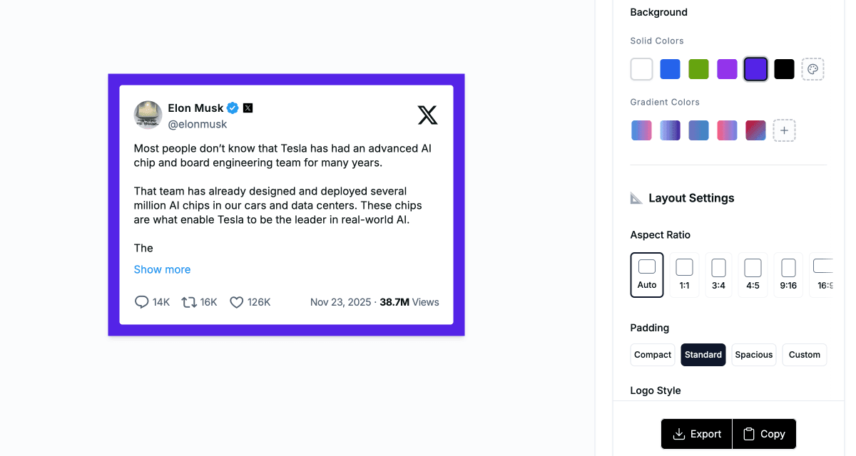 Customizable tweet screenshot showing various styling options including colors, fonts, and effects