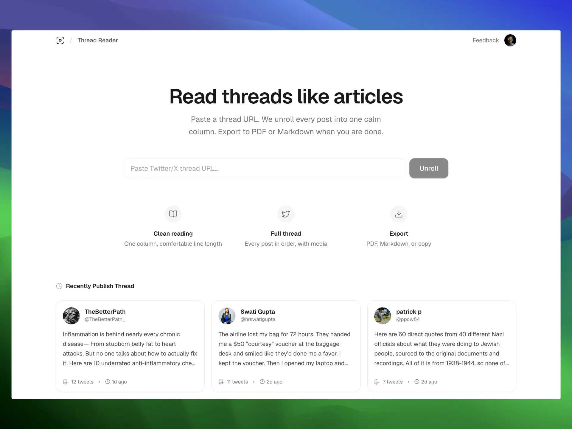 Twitter thread viewer displaying unrolled thread with clean typography