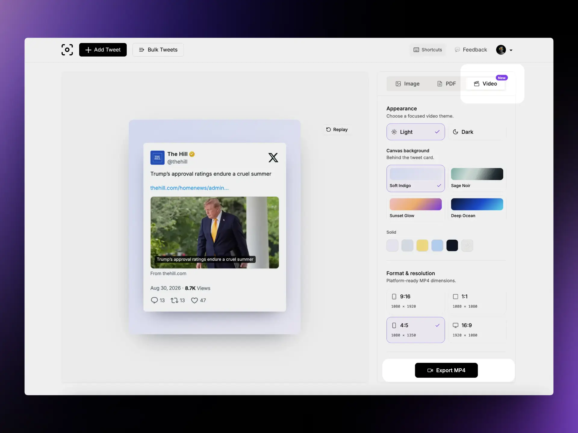Tweet to video export settings and animated X post preview in TwitterShots