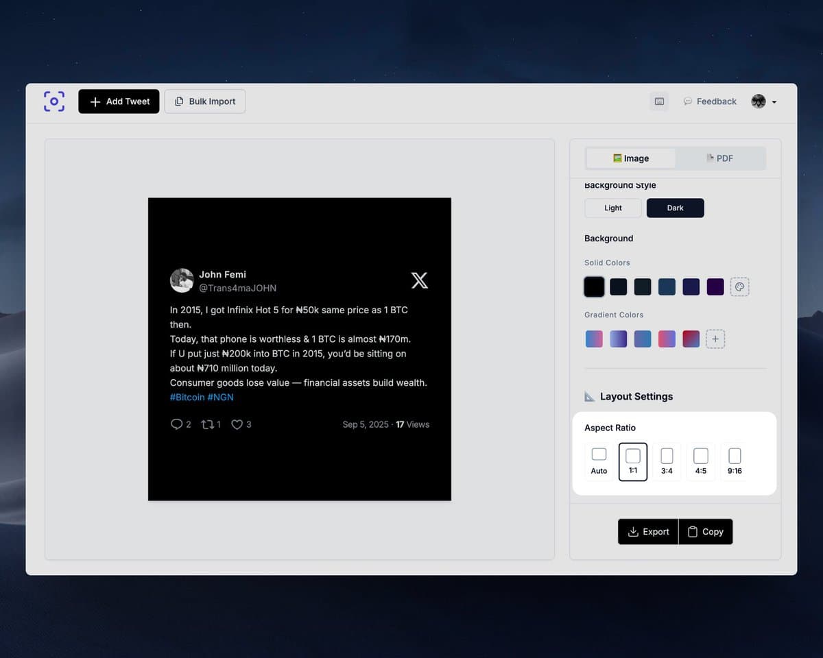 Tweet screenshot size for Instagram and TikTok