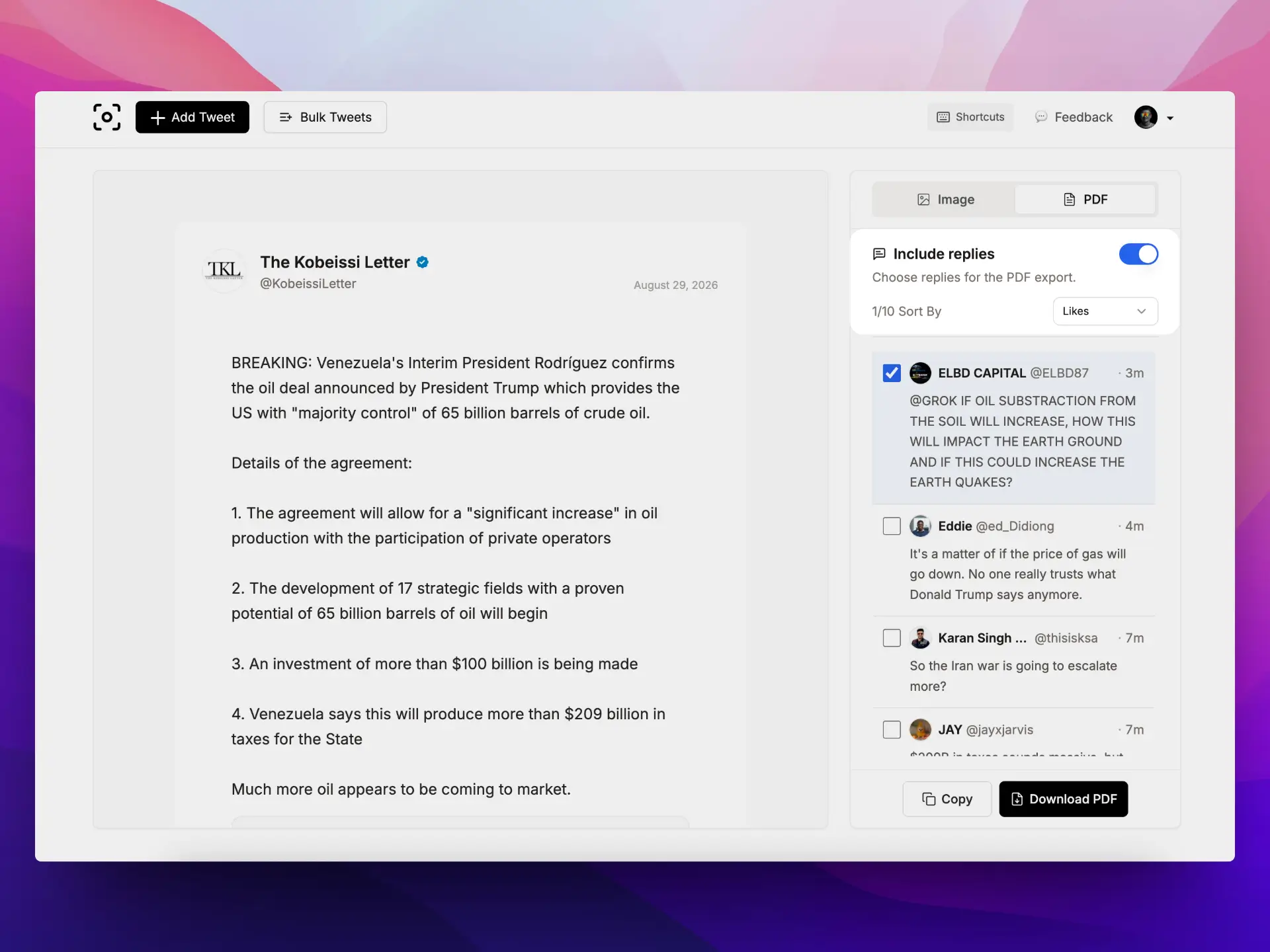 Choose replies for a thread to PDF export in TwitterShots