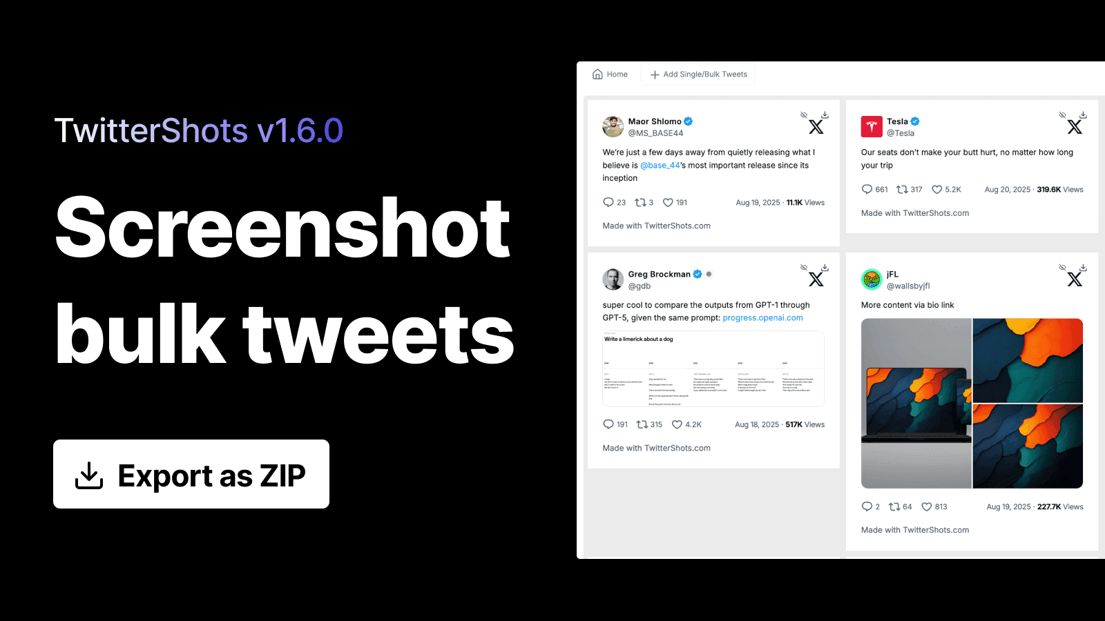 Bulk tweet screenshot export