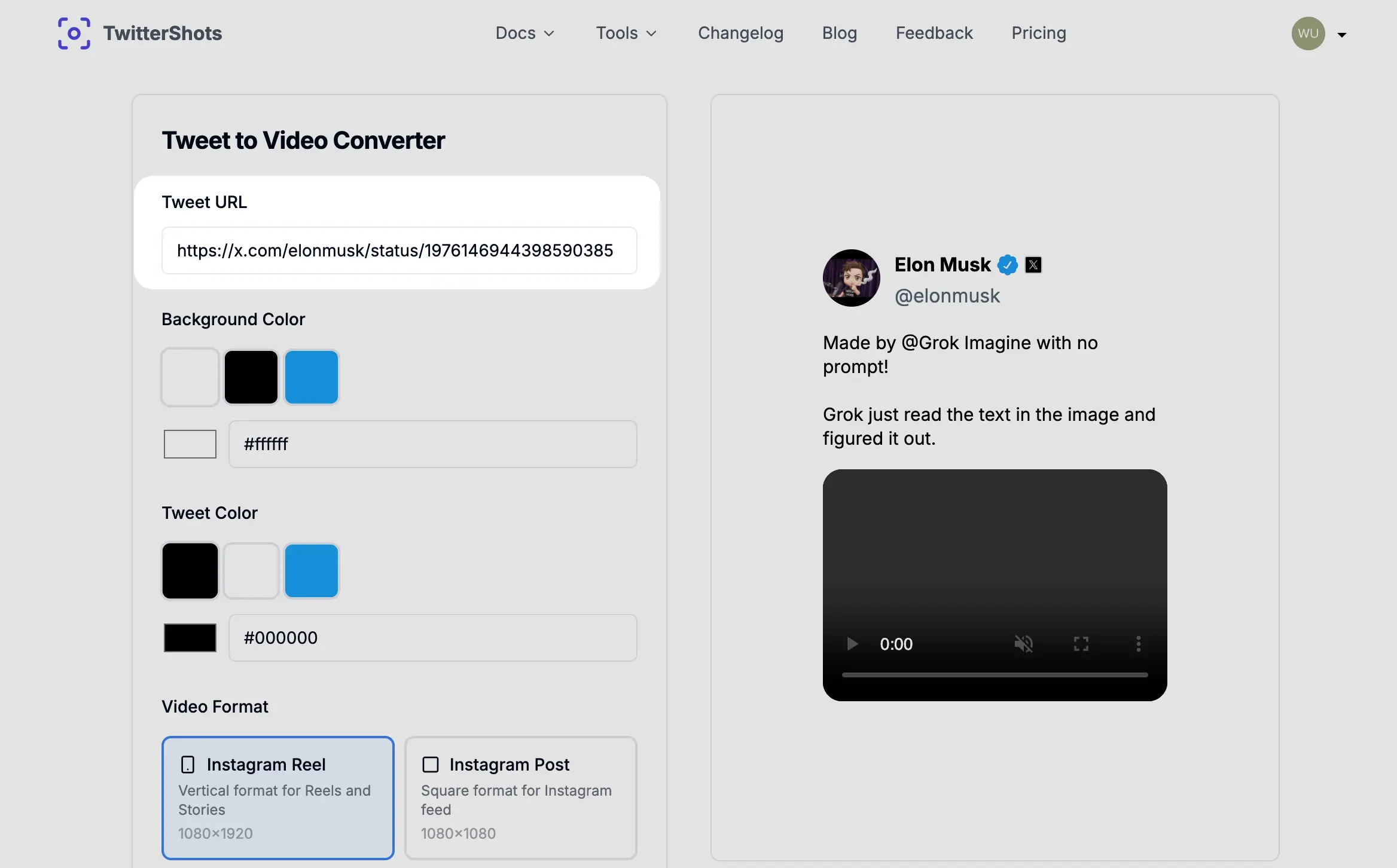 TwitterShots Tweet to Video converter interface