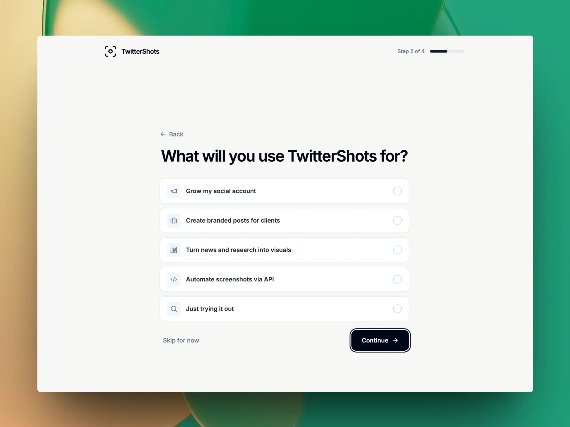 Twitter screenshot maker onboarding page with workflow choices