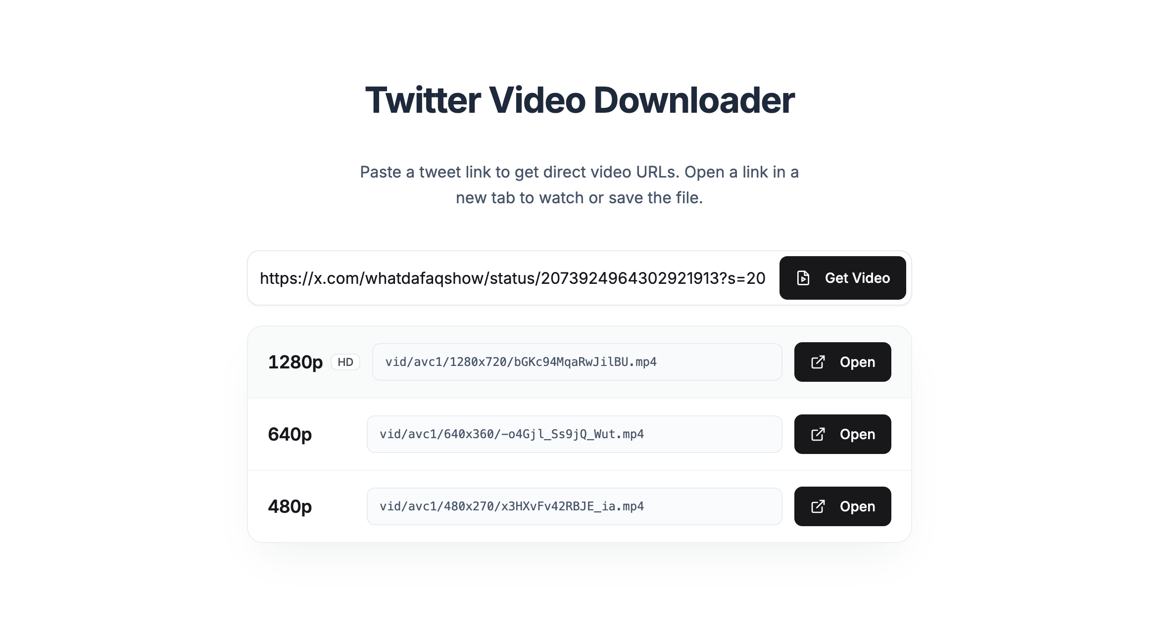TwitterShots video downloader showing a Tweet URL input and available video download options