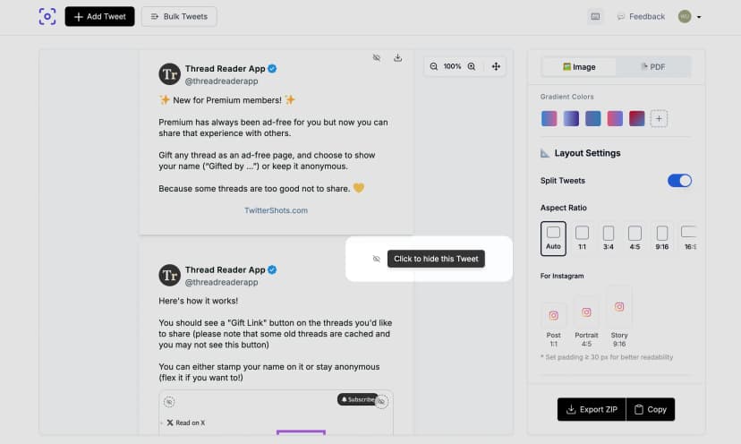 Export unrolled Twitter thread to PDF and screenshot formats