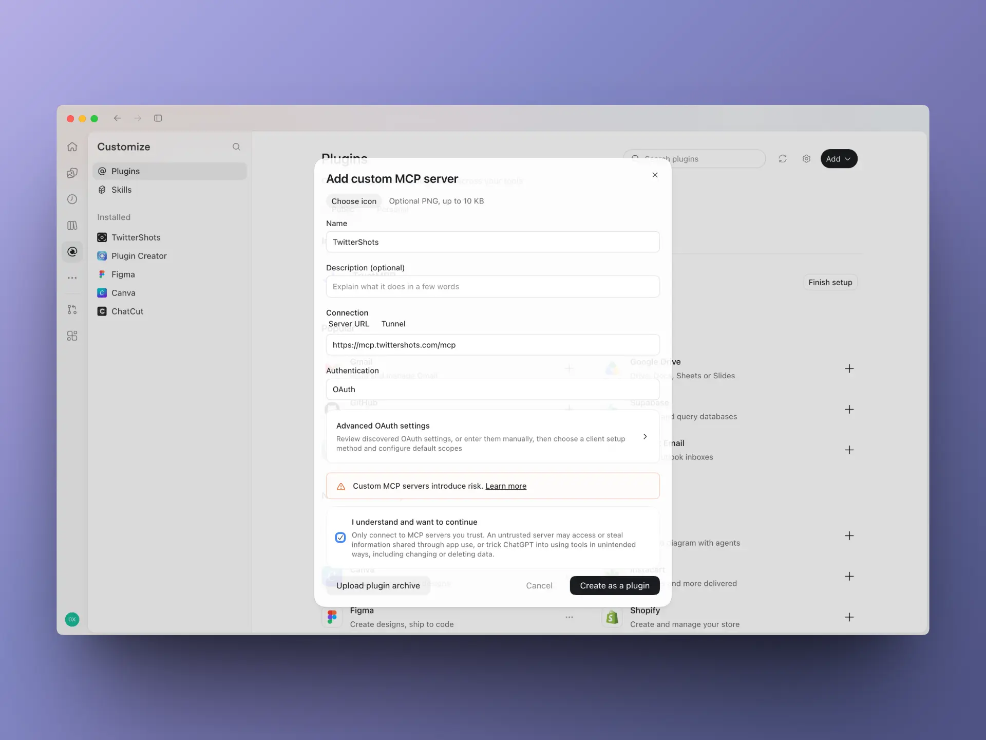 Add TwitterShots as a custom MCP server with its URL and OAuth authentication
