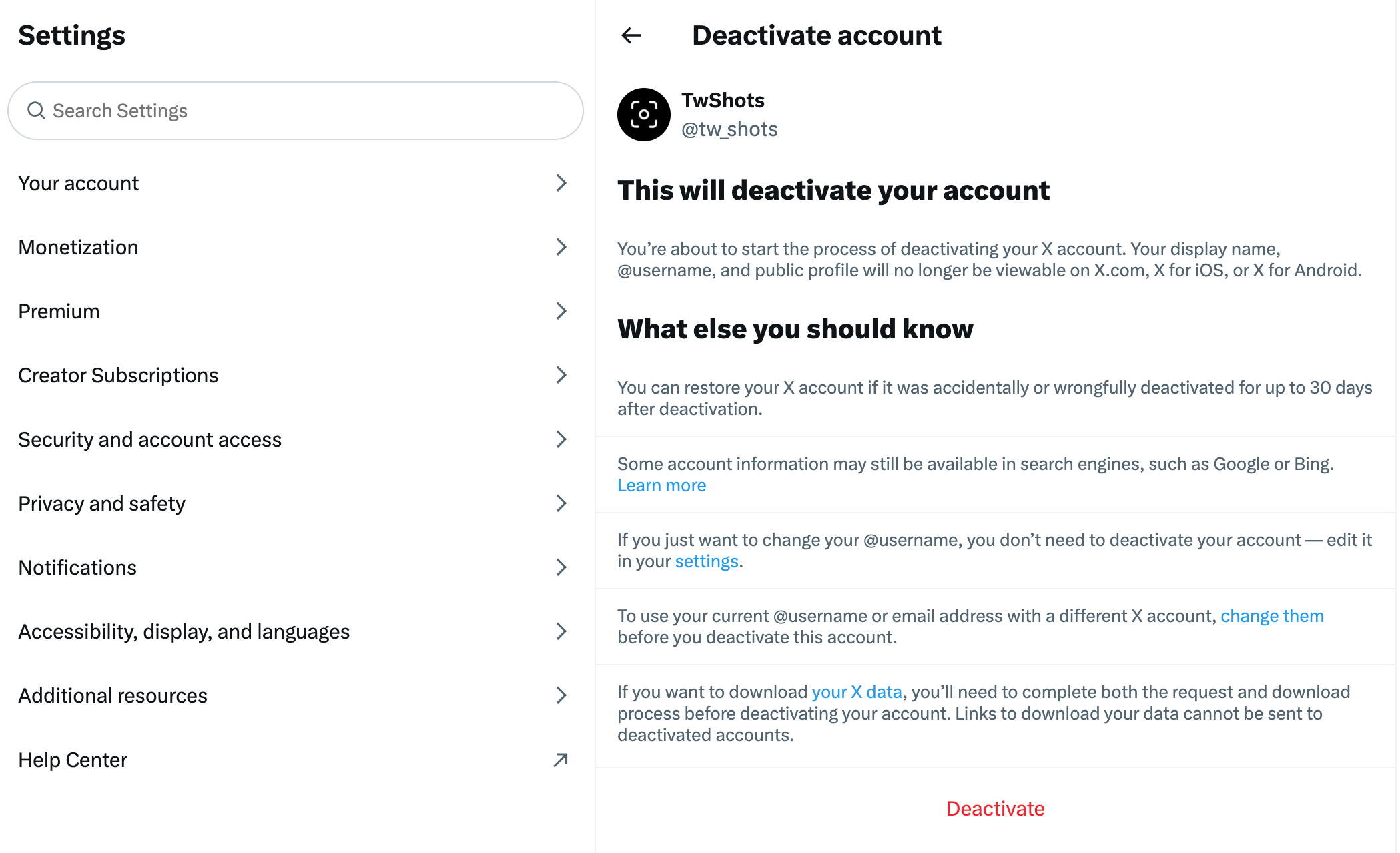 Review the X account deactivation notice before selecting Deactivate X Deactivate account confirmation page explaining the 30-day reactivation period