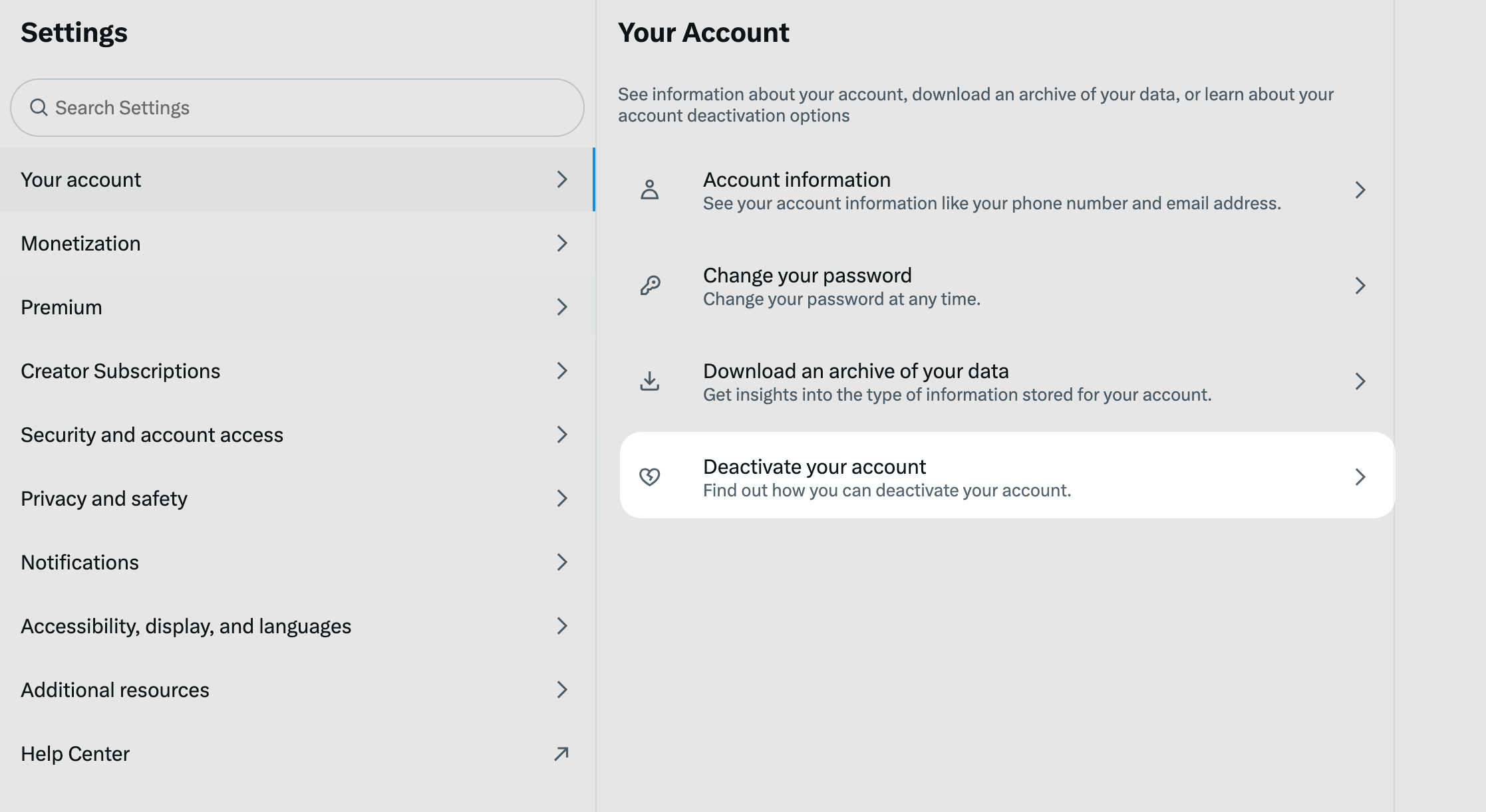 Open Your account in X Settings to find Deactivate your account X Settings showing the Your account menu and Deactivate your account option