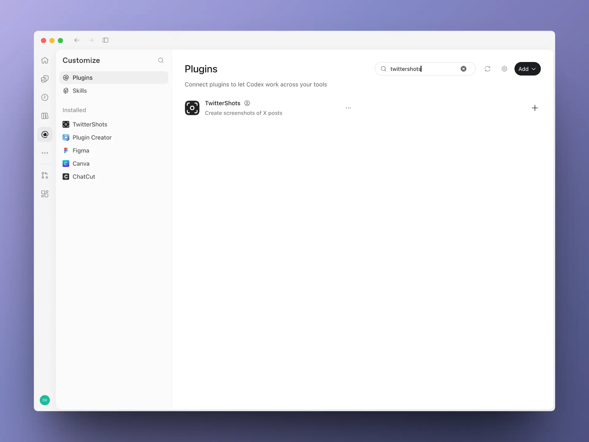 Search for the TwitterShots plugin in Plugins