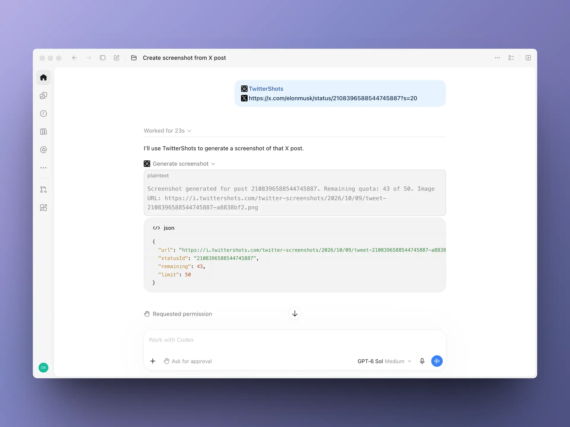 TwitterShots screenshot result in a Codex chat