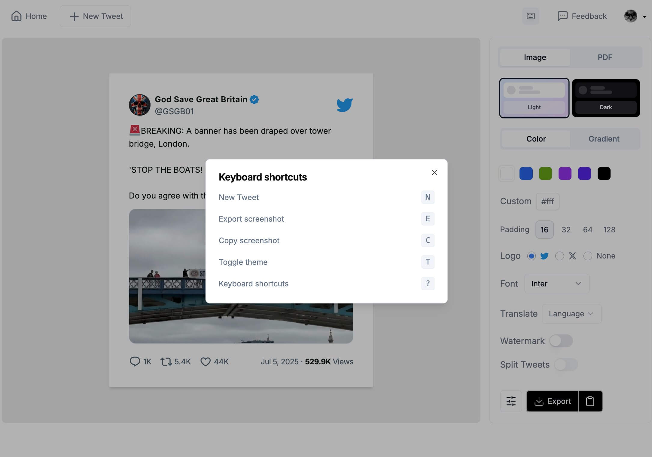 Twitter Screenshot keyboard shortcuts