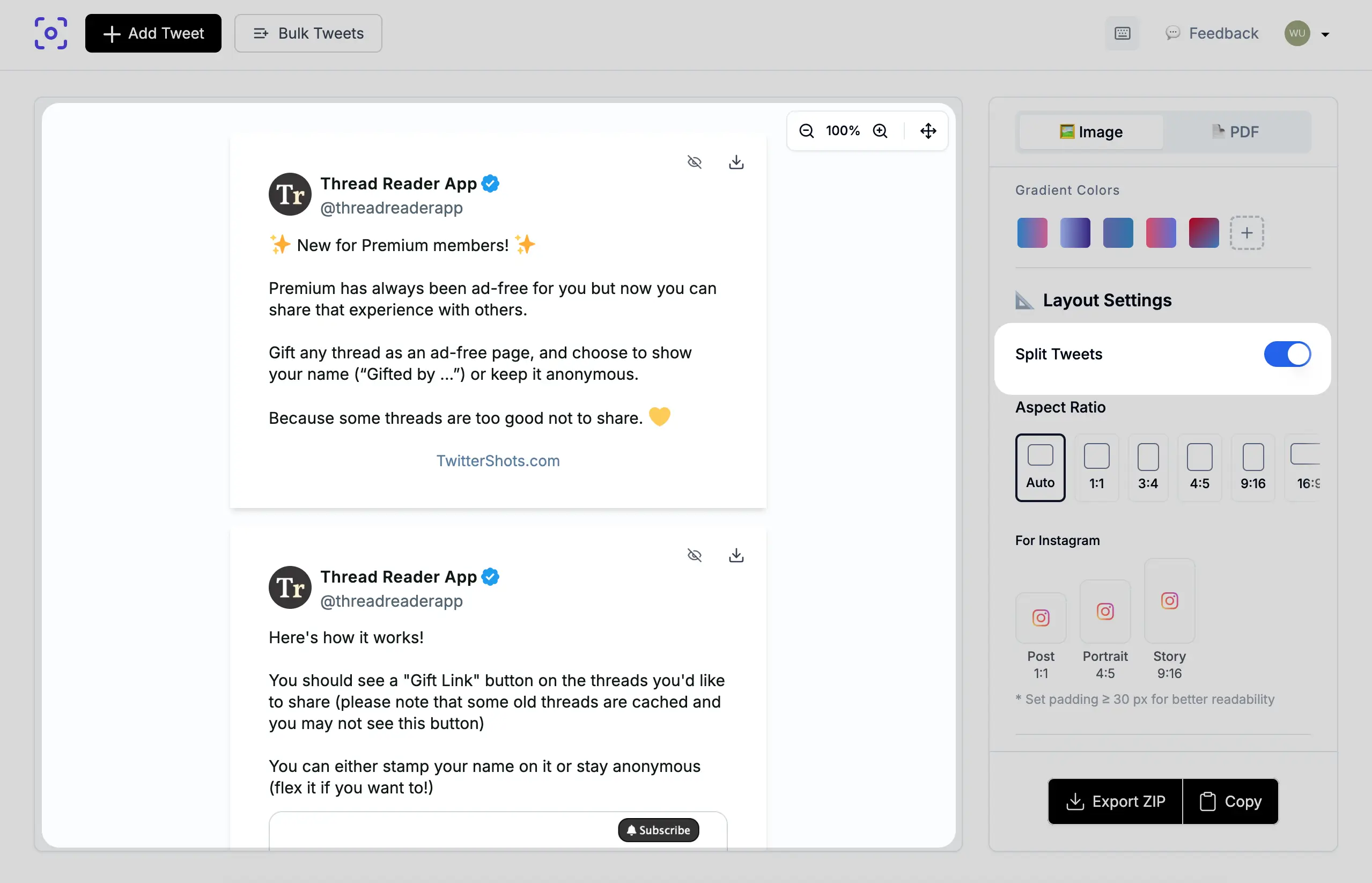 Split thread button on the screenshot page